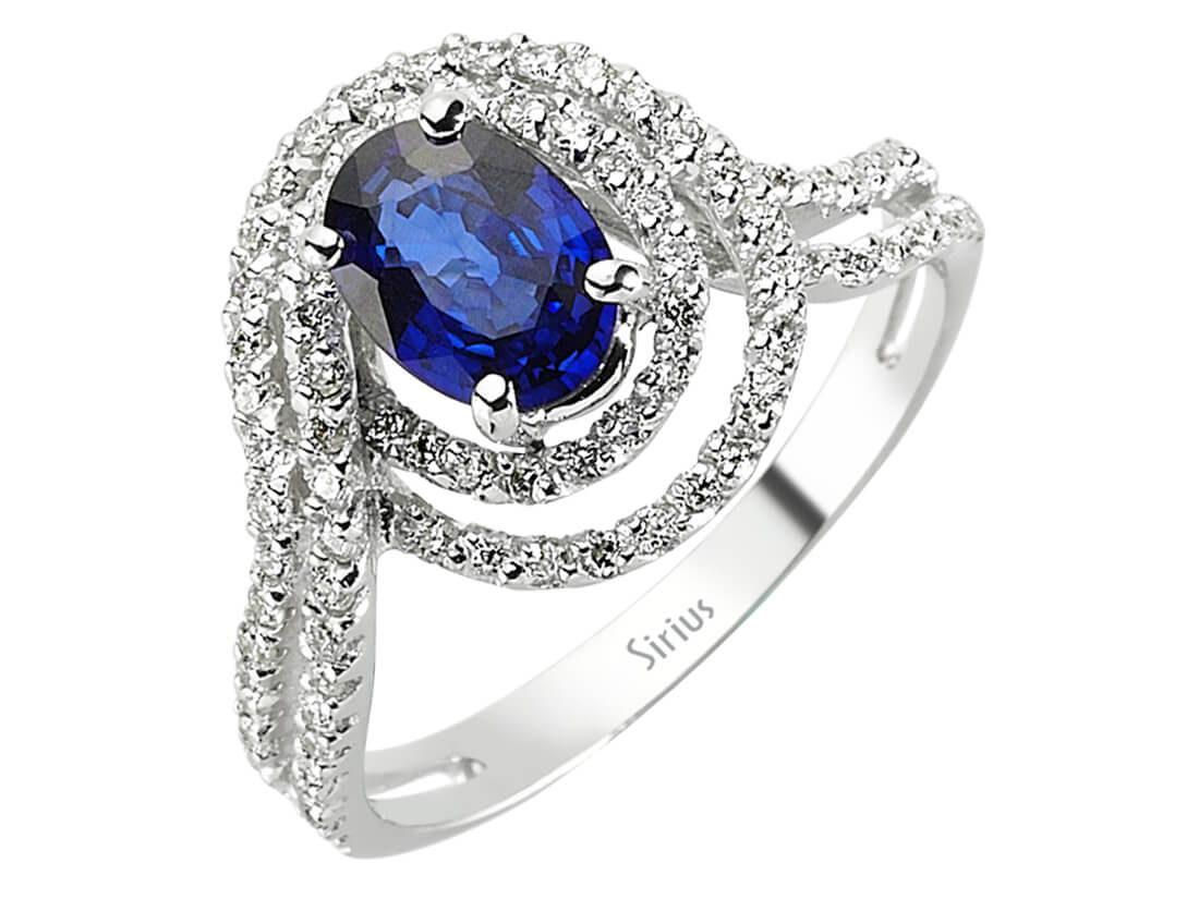 Exquisiter Diamant- und Saphirring mit 82 Rundschliff-Diamanten und 1 Ovalen Saphir in 14 Karat Weißgold