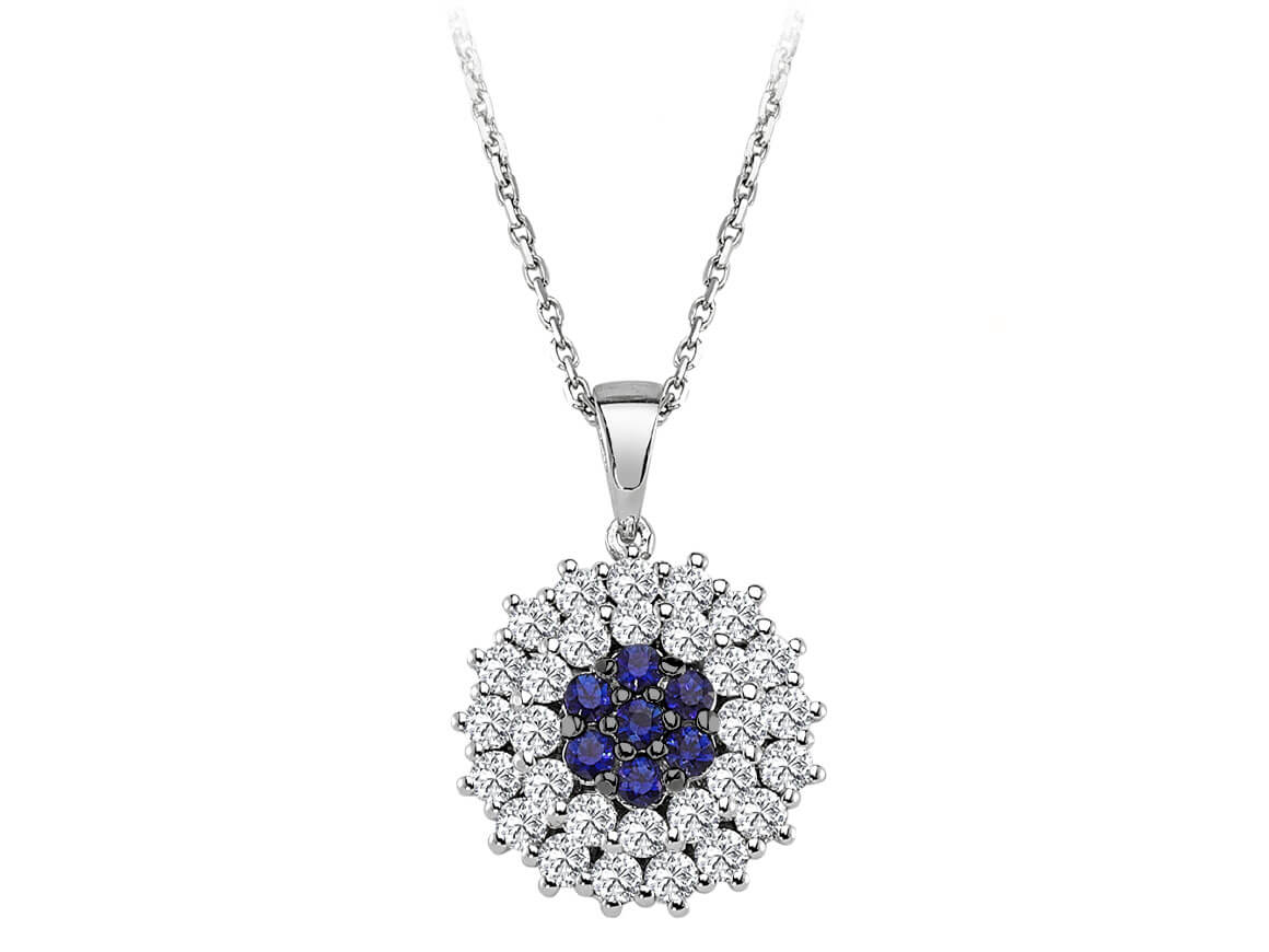 Anturage pendant with sapphire and 29 lab diamonds