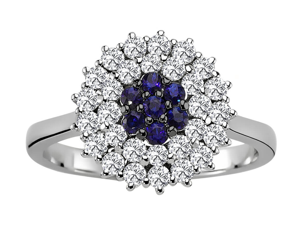 Weißgold-Ring mit Diamanten und Saphiren - 29 Diamanten 0,70 Karat, 7 Saphire 0,21 Karat - hochwertiger Schmuck von Rosy Lab Diamonds