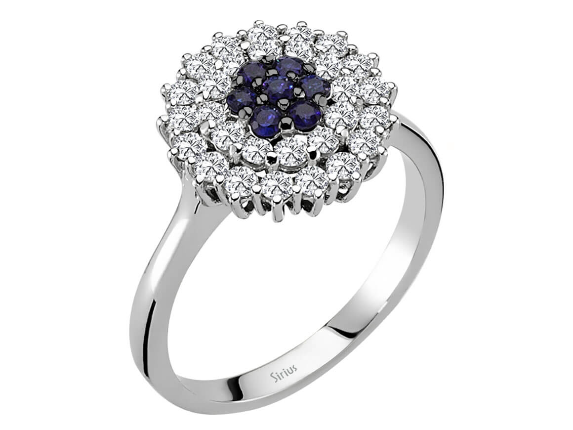 Weißgold-Ring mit 29 laborgezüchteten Diamanten (0,70 Karat) und 7 Saphiren (0,21 Karat)