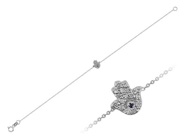 Hamsa bracelet with 16 lab-grown diamonds & 1 sapphire – 14K white gold