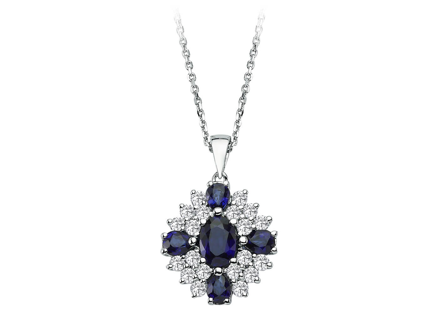 Cross-shaped pendant with sapphires & 20 brilliant-cut diamonds – 14K white gold
