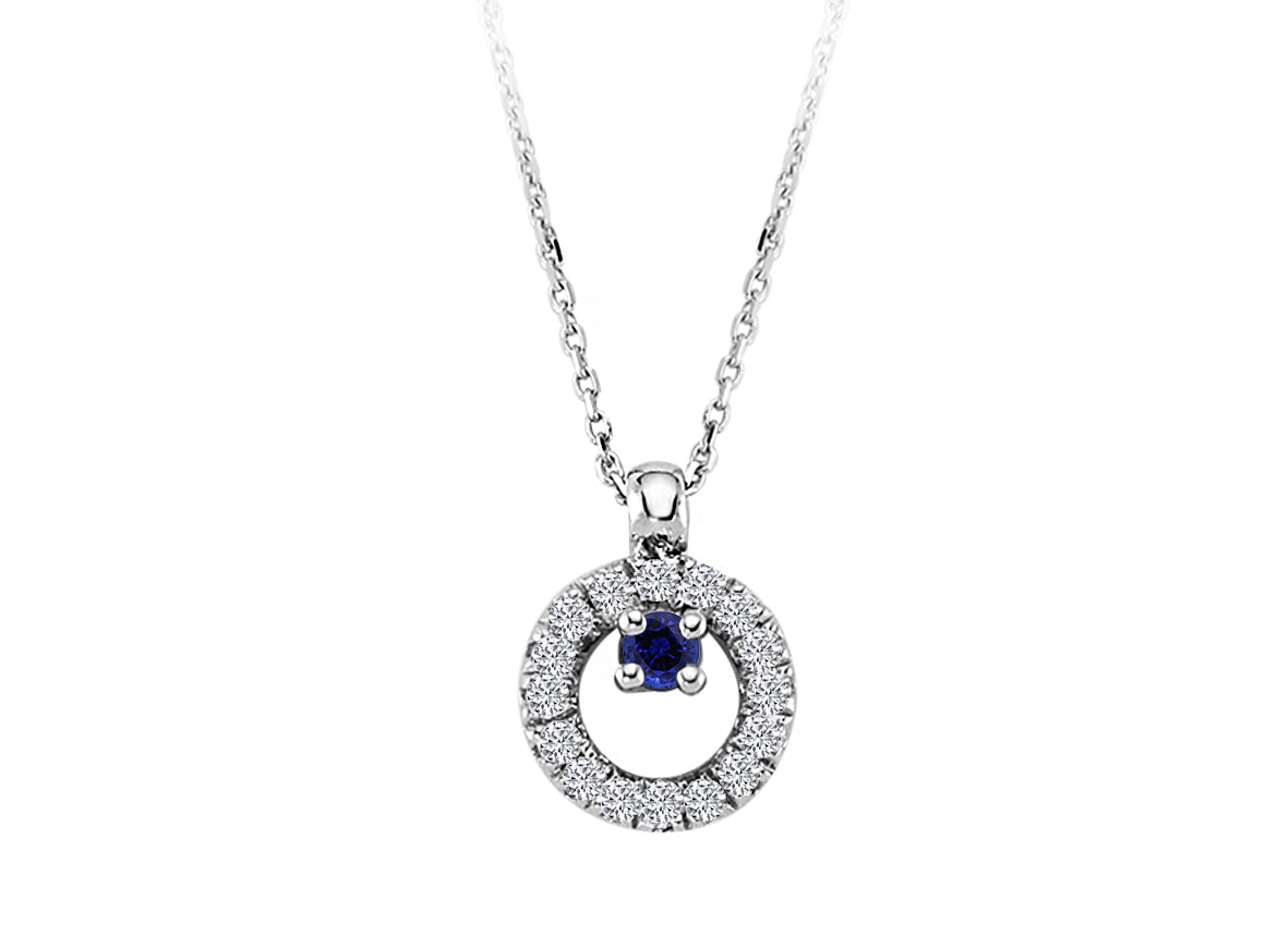 Circle pendant with sapphire & 16 lab diamonds – 8K white gold