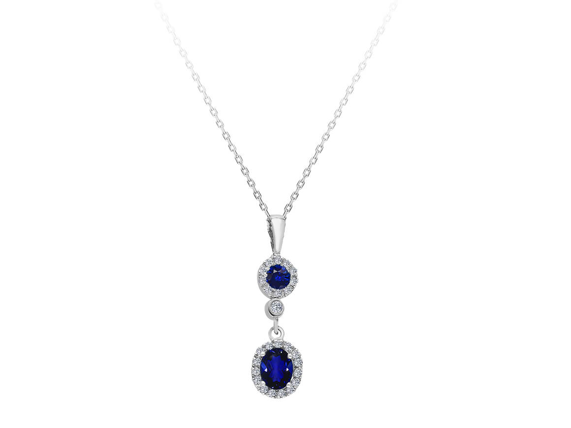 Chaîne pendentif avec 2 saphirs et 26 diamants cultivés en laboratoire en or blanc 8K