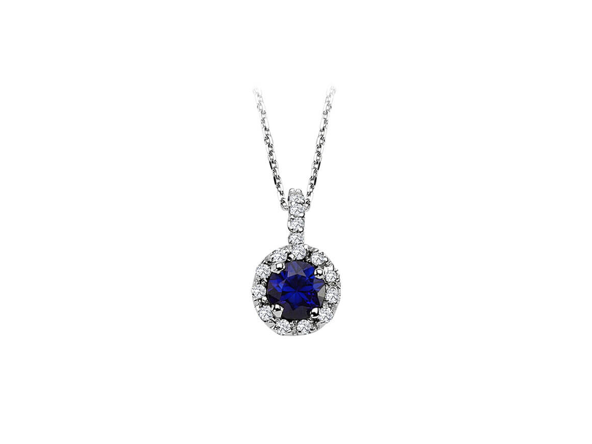 Collier élégant avec saphir rond et 14 diamants cultivés en laboratoire en or blanc 14 carats