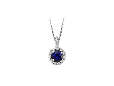 Collier élégant avec saphir rond et 14 diamants cultivés en laboratoire en or blanc 14 carats