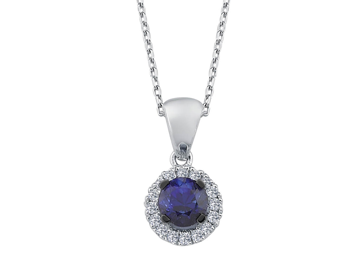 Pendentif classique avec saphir rond et diamants – or blanc 14 carats