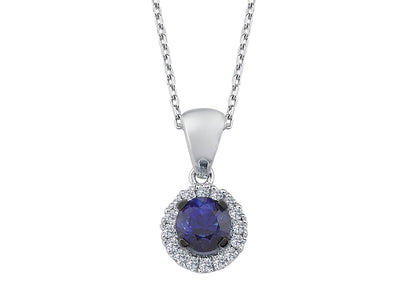 Pendentif classique avec saphir rond et diamants – or blanc 14 carats