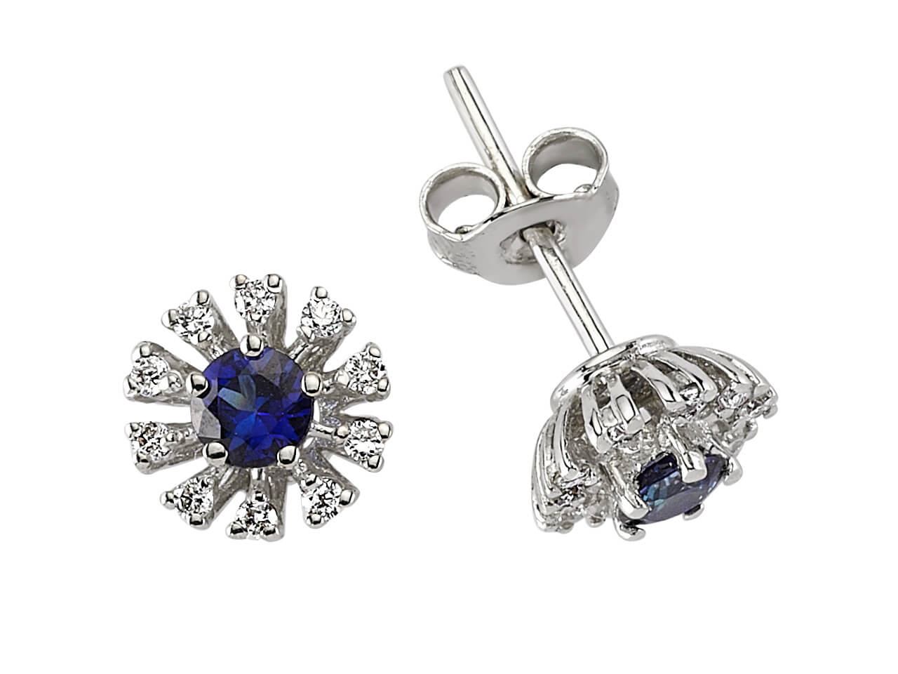 Boucles d'oreilles élégantes avec saphirs ronds et 20 diamants cultivés en laboratoire en or blanc 8K