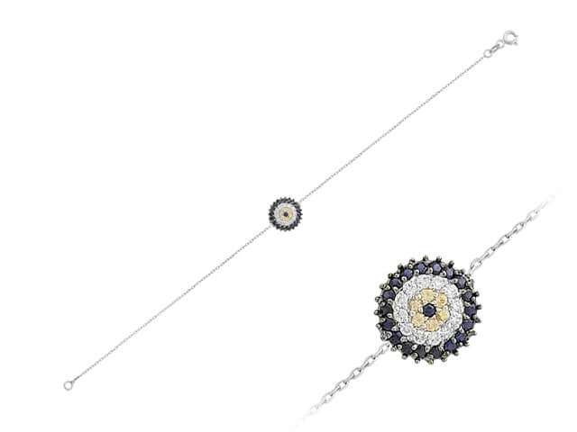 14K Beyaz Altın, Safirler ve Pırlantalı Nazar Bilekliği - Sembolik Mücevher - Rosy Lab Diamonds’tan yüksek kaliteli Mücevher