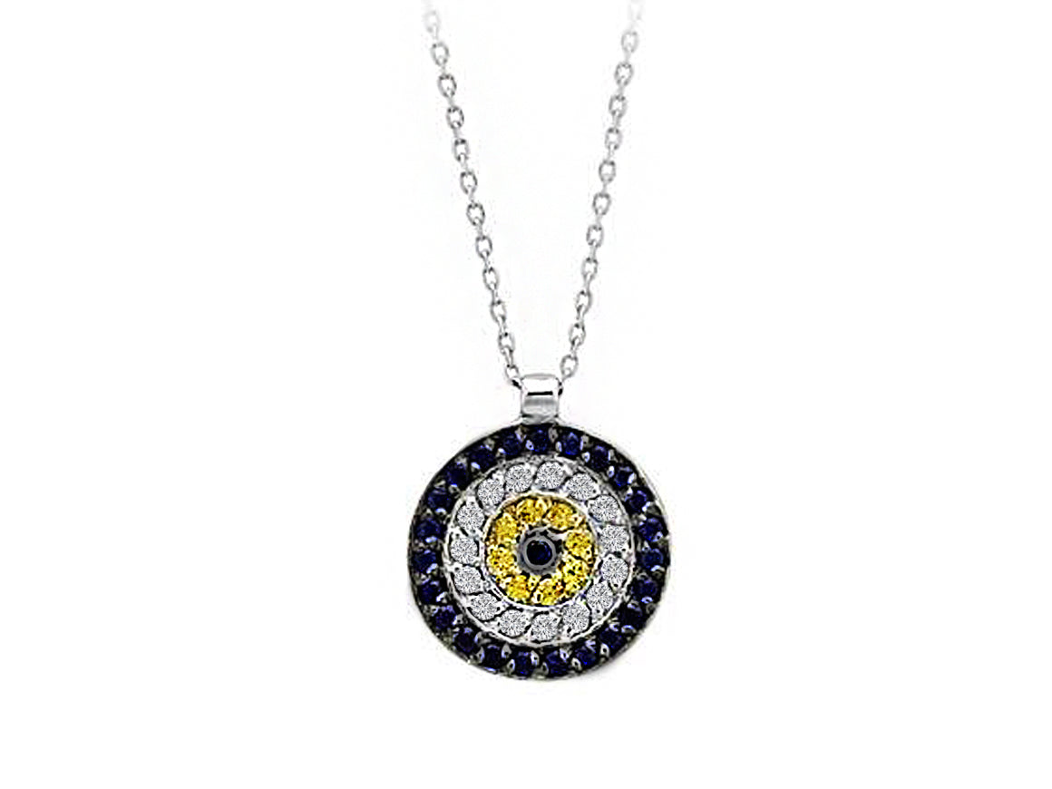Pendentif rond Nazar avec 32 saphirs et 15 diamants de laboratoire en or blanc 14 carats