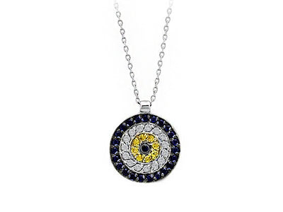 Pendentif rond Nazar avec 32 saphirs et 15 diamants de laboratoire en or blanc 14 carats