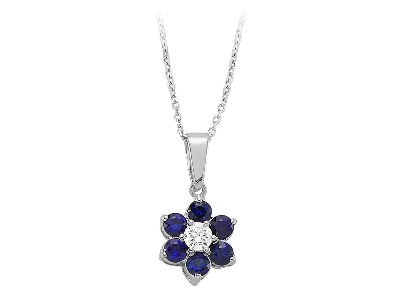 Flower pendant with sapphires and diamond – 8K white gold