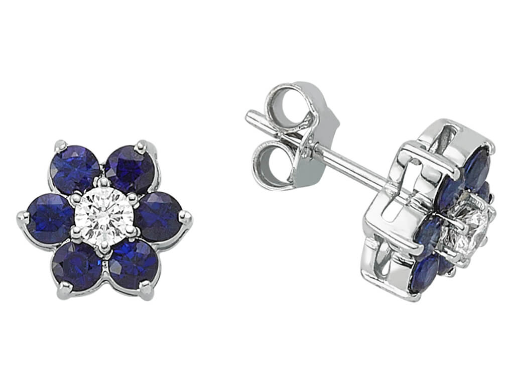 Flower-shaped stud earrings with sapphires & diamonds in 333 white gold