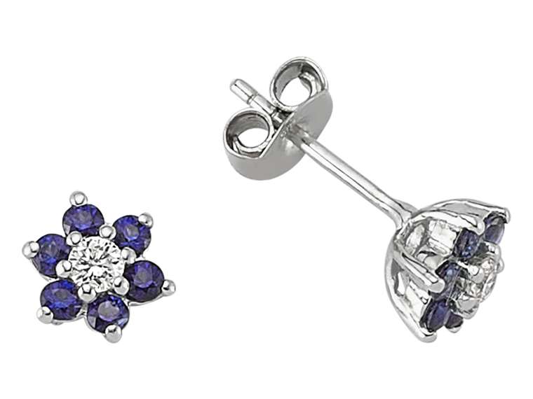 Flower-shaped stud earrings with sapphires & lab diamonds made of 333 white gold