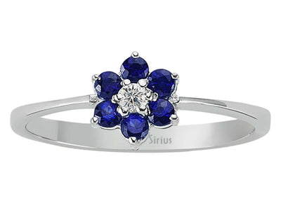 Zarter Weißgoldring mit rundem laborgezüchtetem Diamanten und sechs runden Saphiren – 8K