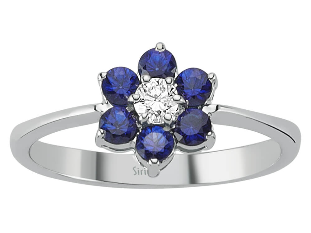 Pavé-Blumenring aus 8K Weißgold mit Labor-Diamant und Saphiren – 0,64 ct