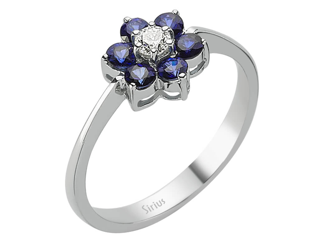 Blumenring mit Labor-Diamant & Saphiren - 8K Weißgold, 0,64 ct - hochwertiger Schmuck von Rosy Lab Diamonds