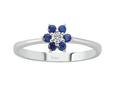 Blumenring aus 8K Weißgold mit Labor-Diamant und blauen Saphiren – 0,30 ct