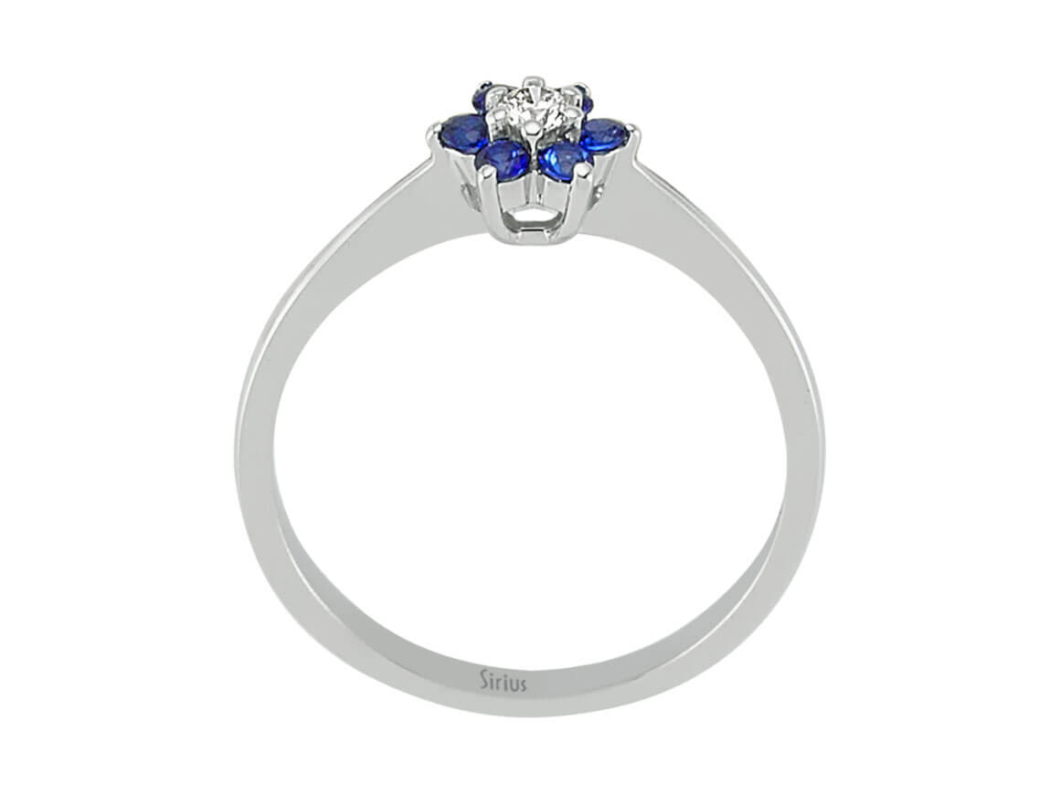 Blumenring aus 8K Weißgold mit Labor-Diamant und blauen Saphiren – 0,30 ct