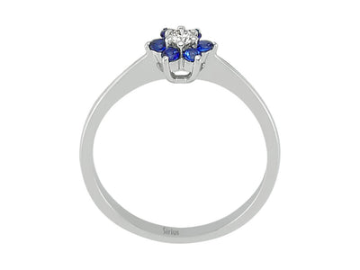 Blumenring aus 8K Weißgold mit Labor-Diamant und blauen Saphiren – 0,30 ct