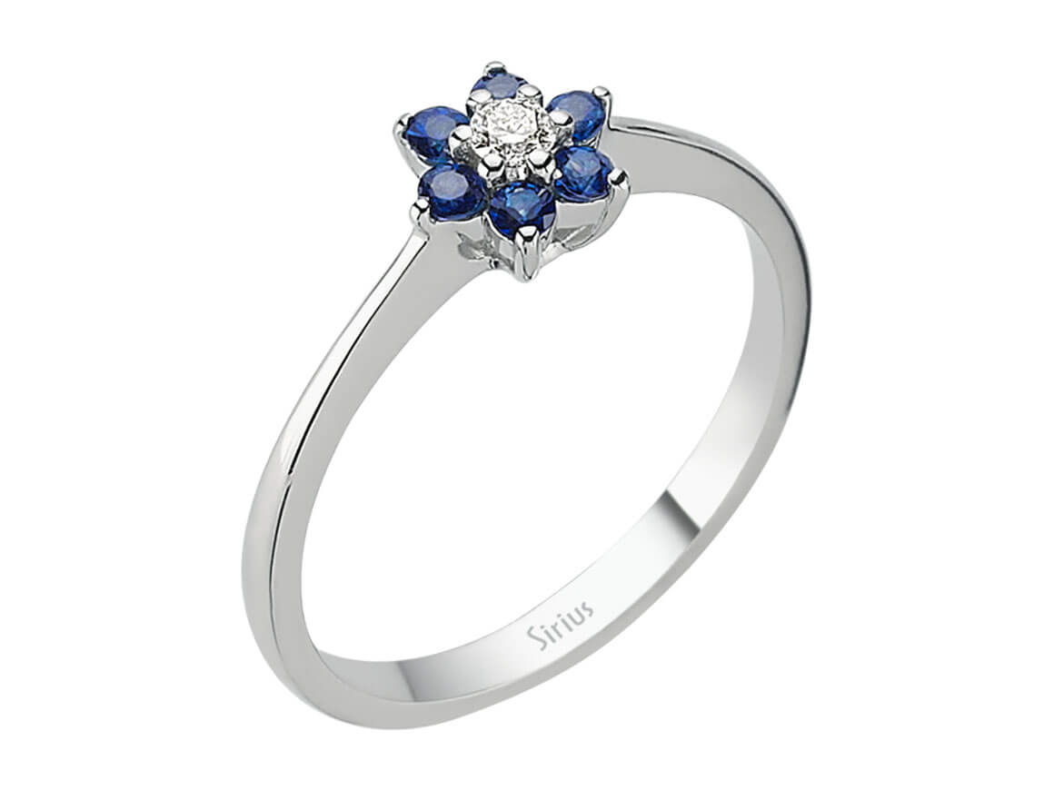 Blumenring aus 8K Weißgold mit Labor-Diamant und blauen Saphiren – 0,30 ct