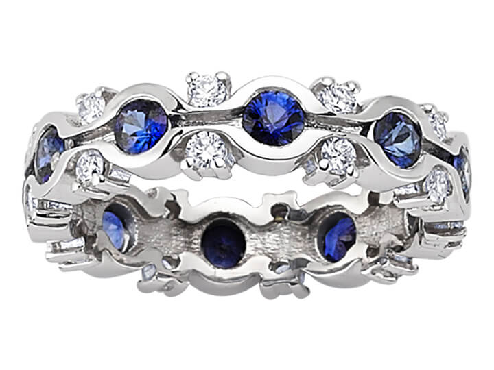 Extravaganter Tambourring mit 10 Saphiren & 20 Diamanten aus 14K Weißgold