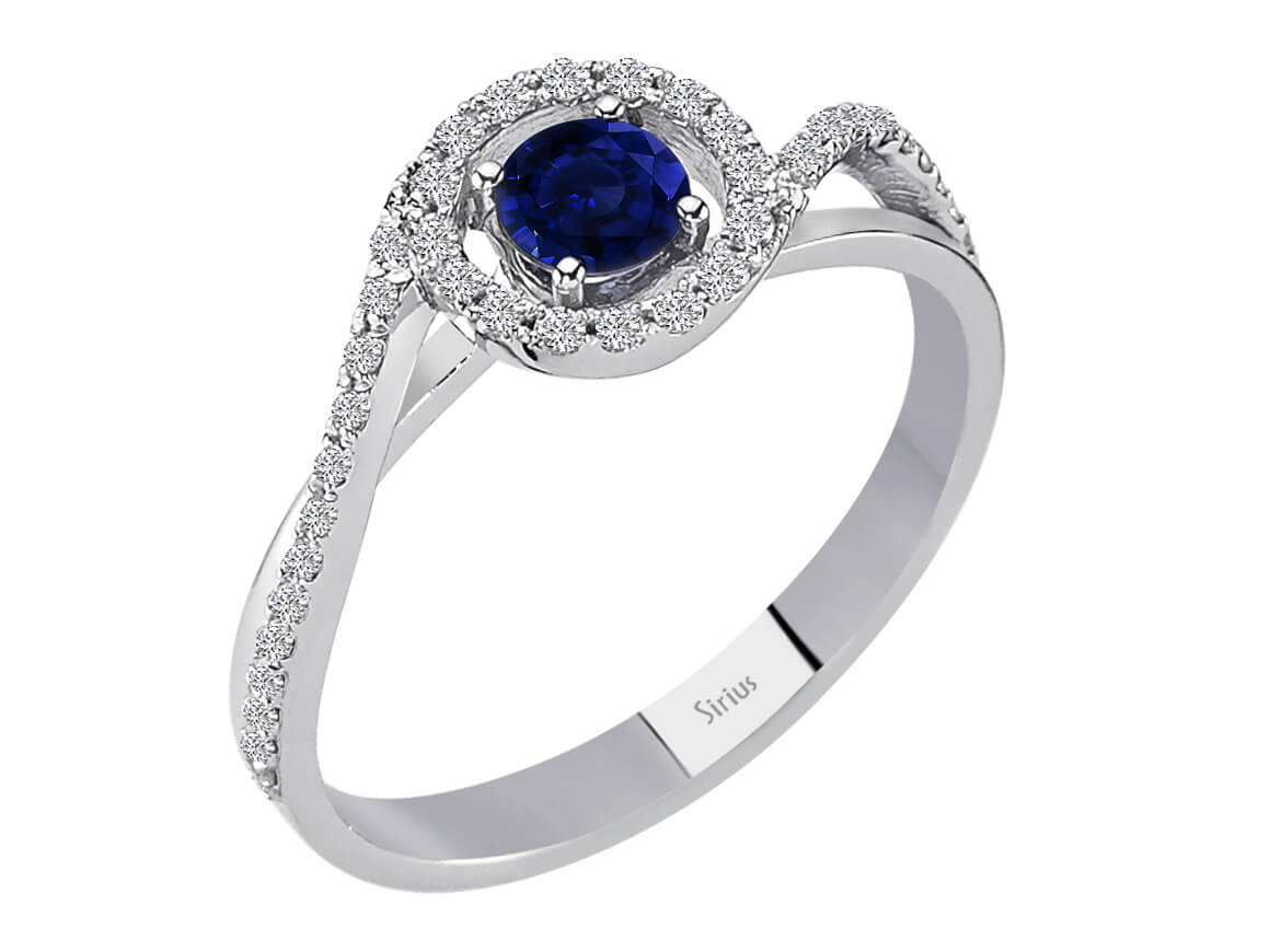 Eleganter Ring mit rundem Saphir und Diamanten aus 14K Weißgold (0,41 ct)