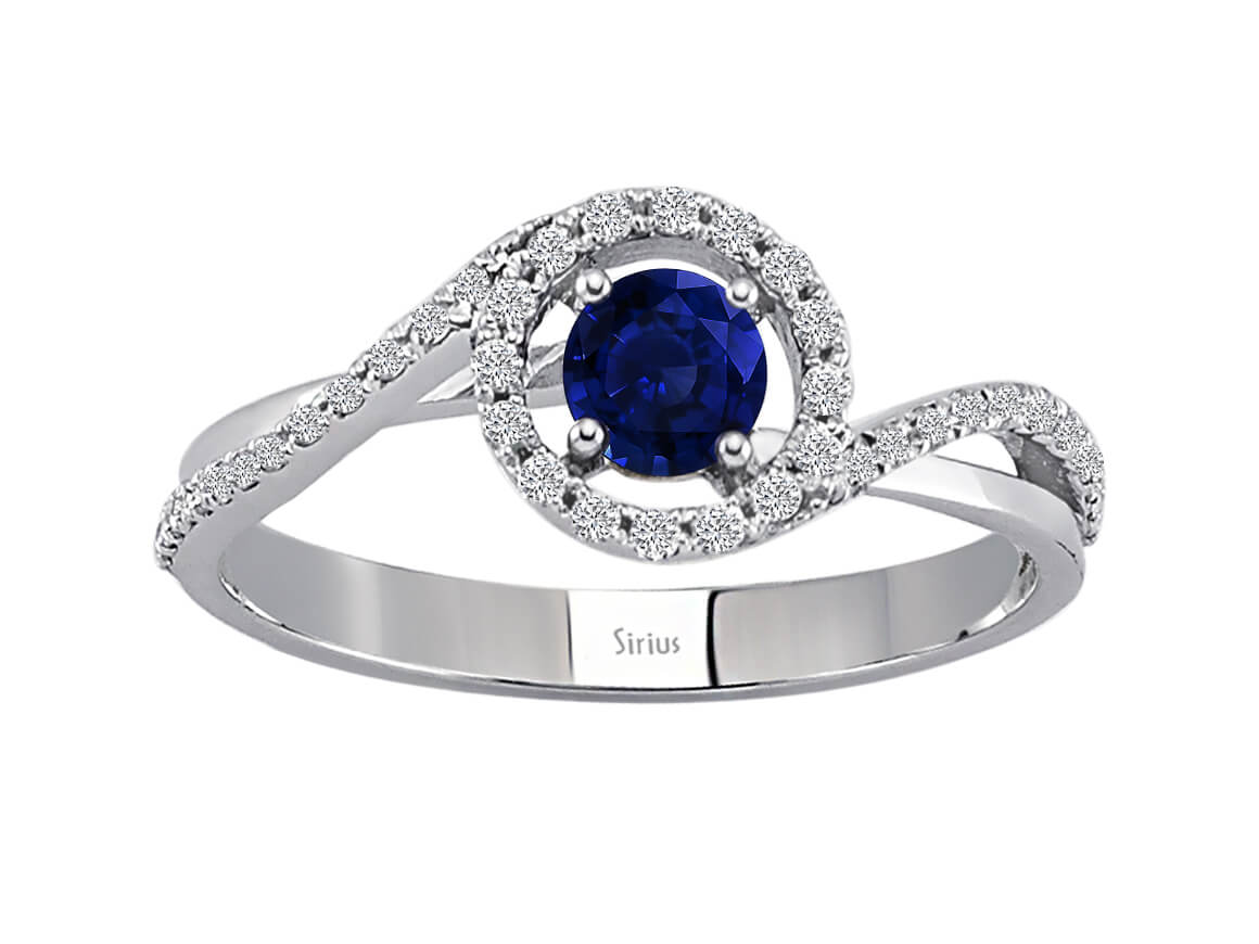 Eleganter Ring mit rundem Saphir und Diamanten aus 14K Weißgold (0,41 ct)