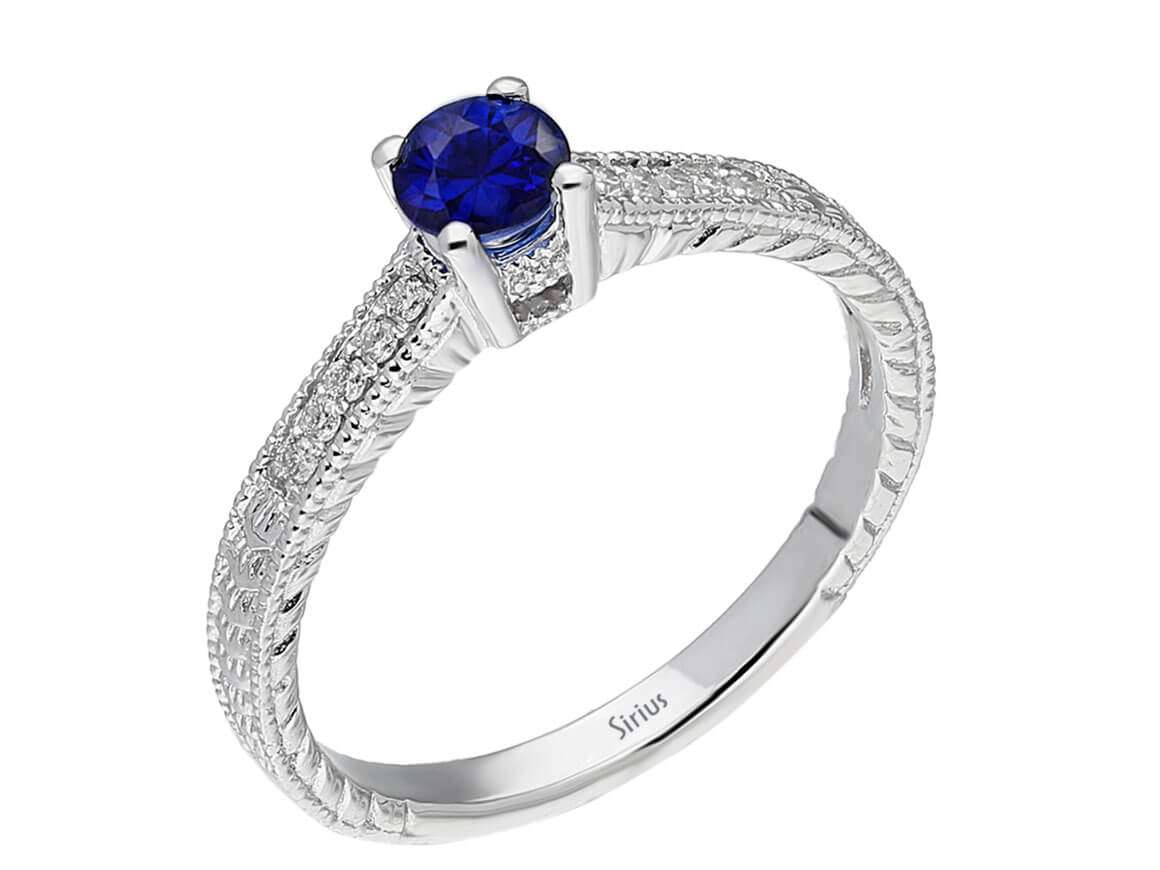 White Gold ring with diamonds & Sapphire – Round – 14K – 07R0007 – high-quality Jewelry by Rosy Lab Diamonds