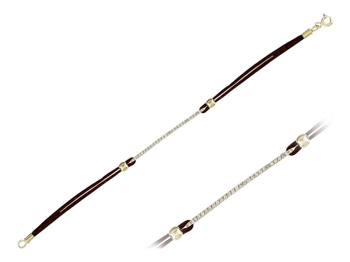 Cord bracelet with 28 diamonds made of 14K yellow gold and brown silk cord