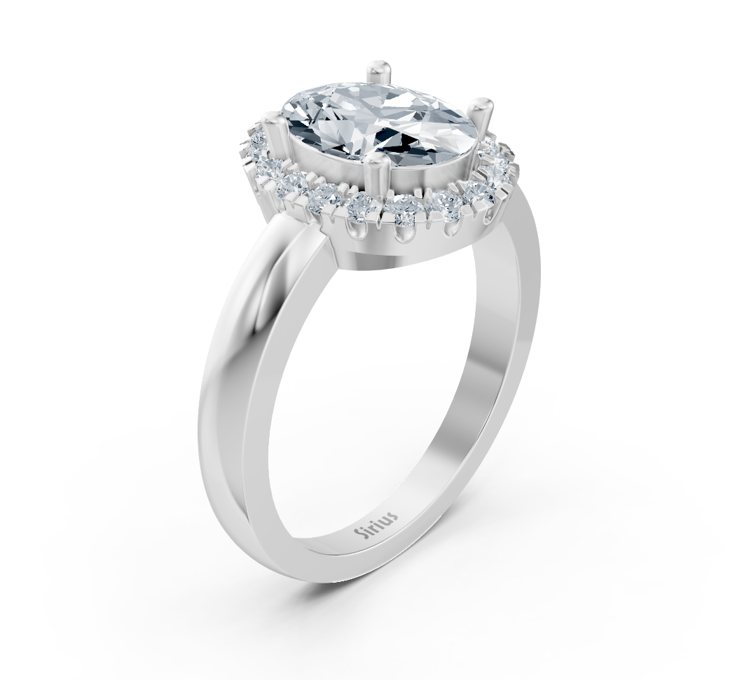 Halo engagement ring made of white gold with oval lab diamond and round diamond halo