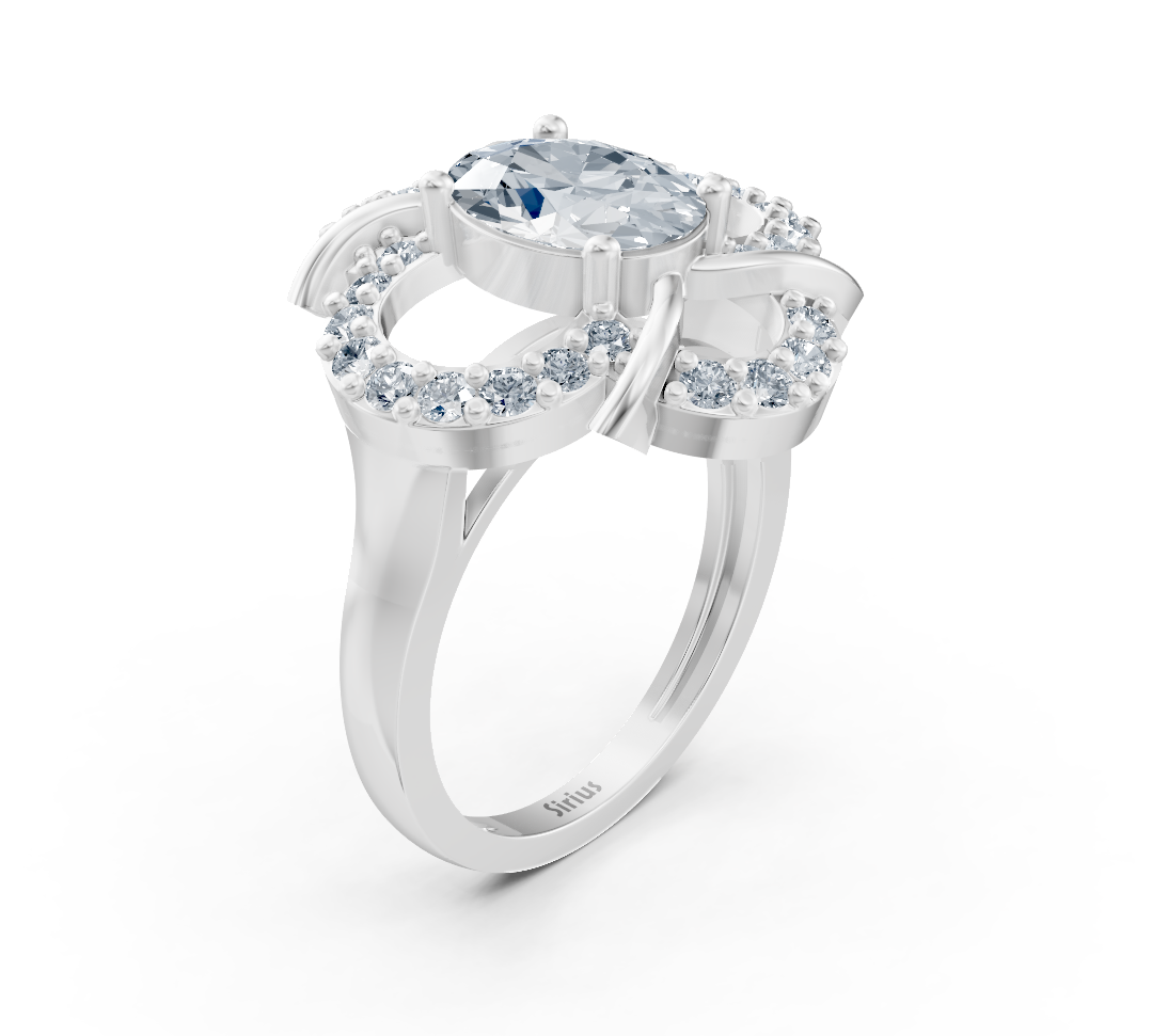 Elegant flower ring made of white gold with oval labradorite diamond