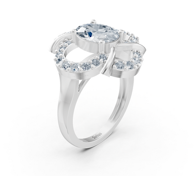 Elegant flower ring made of white gold with oval labradorite diamond