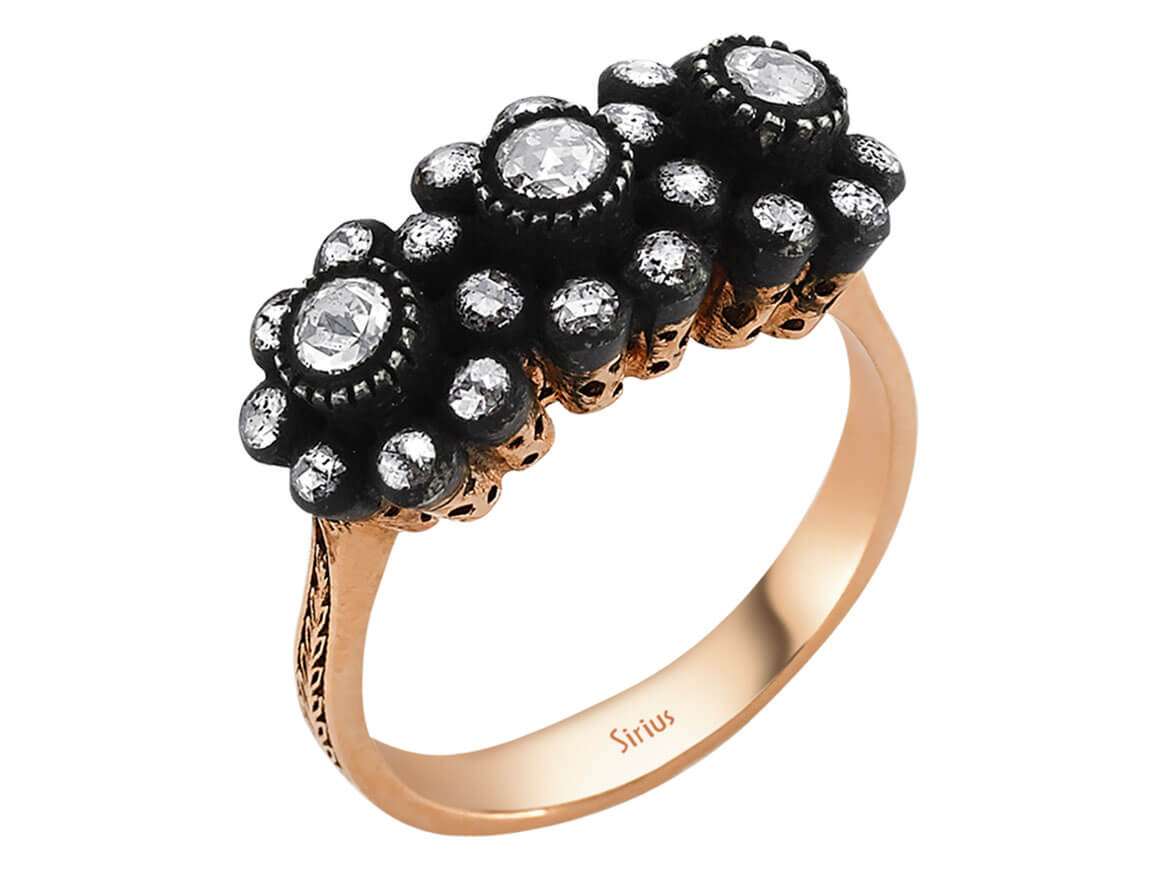 Reihenförmiger Roségold-Ring mit 23 Rundgeschliffenen Elmas im Blumenmuster