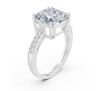 Exclusive cushion solitaire ring with pavé lab diamonds in 14K white gold
