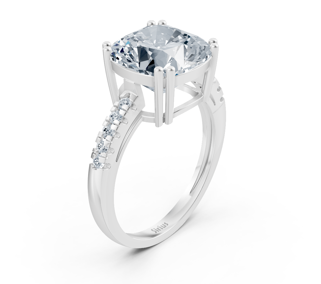 Elegant cushion solitaire ring with pavé lab diamonds in 14K white gold
