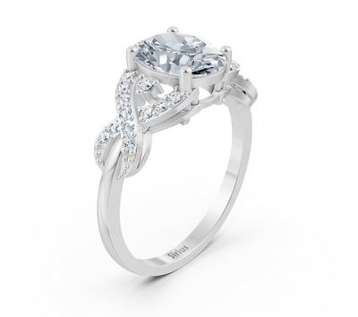 Elegant oval twisted ring with lab diamonds in 14K white gold
