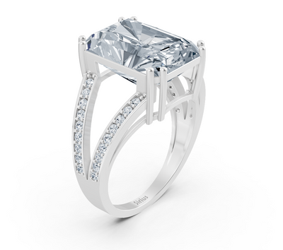 Extravagant radiant solitaire ring with pavé lab diamonds in 14K white gold