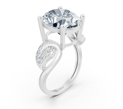 Verlobungsring aus Weißgold mit ovalem Labordiamanten und diamantbesetzter Ornamentfassung