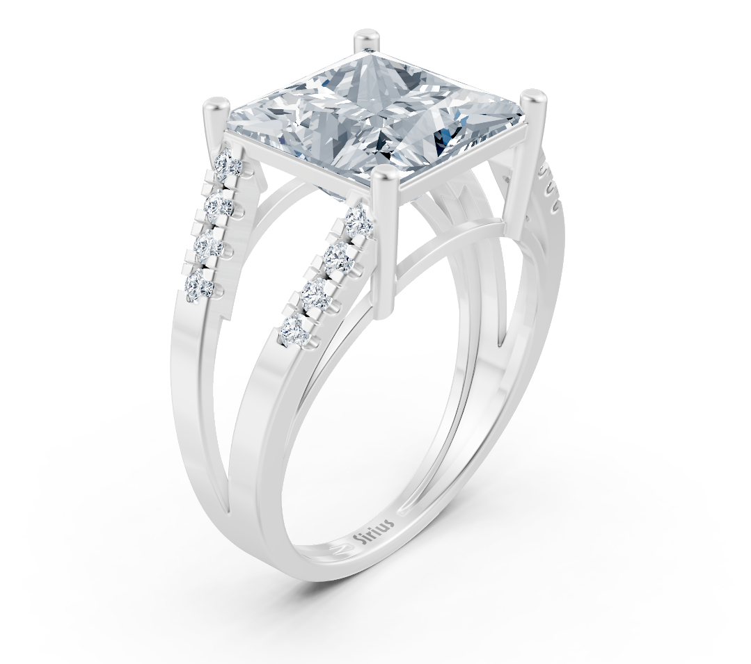 Architecture-inspired solitaire ring with princess cut and accent diamonds