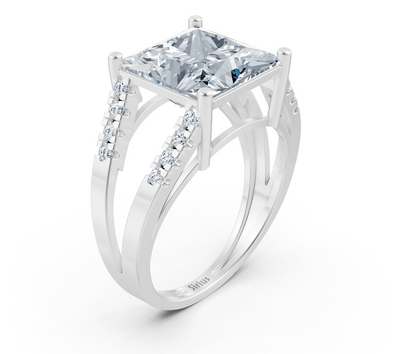 Architecture-inspired solitaire ring with princess cut and accent diamonds