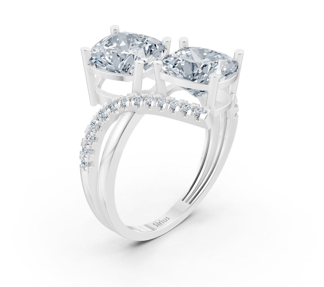 Bague moderne à deux pierres avec taille coussin et diamants synthétiques en or blanc 14K