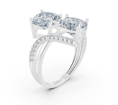 Bague moderne à deux pierres avec taille coussin et diamants synthétiques en or blanc 14K