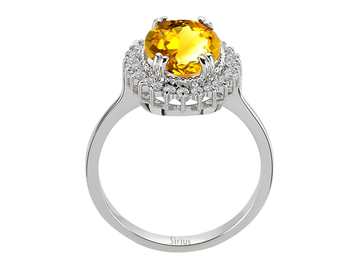 Eleganter Anturajring mit 24 Rundschliff-Diamanten und 1 Ovalem Citrin in 14 Karat Weißgold