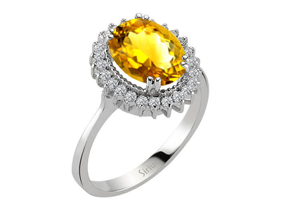 Eleganter Anturajring mit 24 Rundschliff-Diamanten und 1 Ovalem Citrin in 14 Karat Weißgold