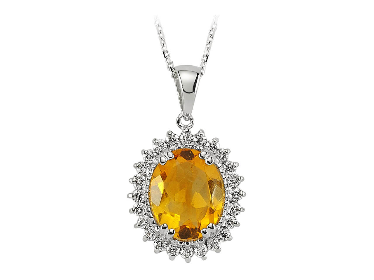 Oval Citrine Pendant with Diamonds – 1.78 ct & 0.30 ct in 14K White Gold