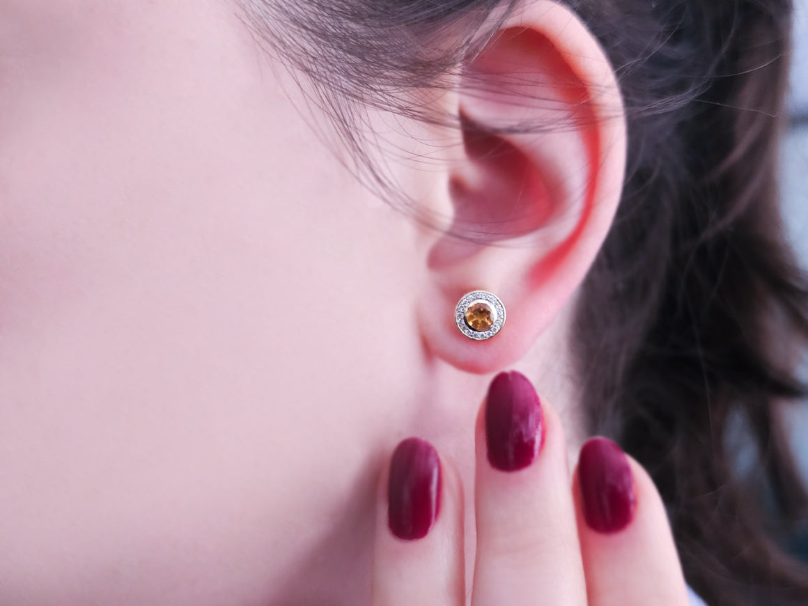 Boucles d'Oreilles Clous avec citrine et diamants de laboratoire en Or Jaune 585 - des Bijoux haut de gamme de Rosy Lab Diamonds