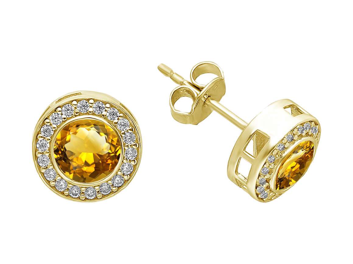 Boucles d'Oreilles Clous avec citrine et diamants de laboratoire en Or Jaune 585 - des Bijoux haut de gamme de Rosy Lab Diamonds