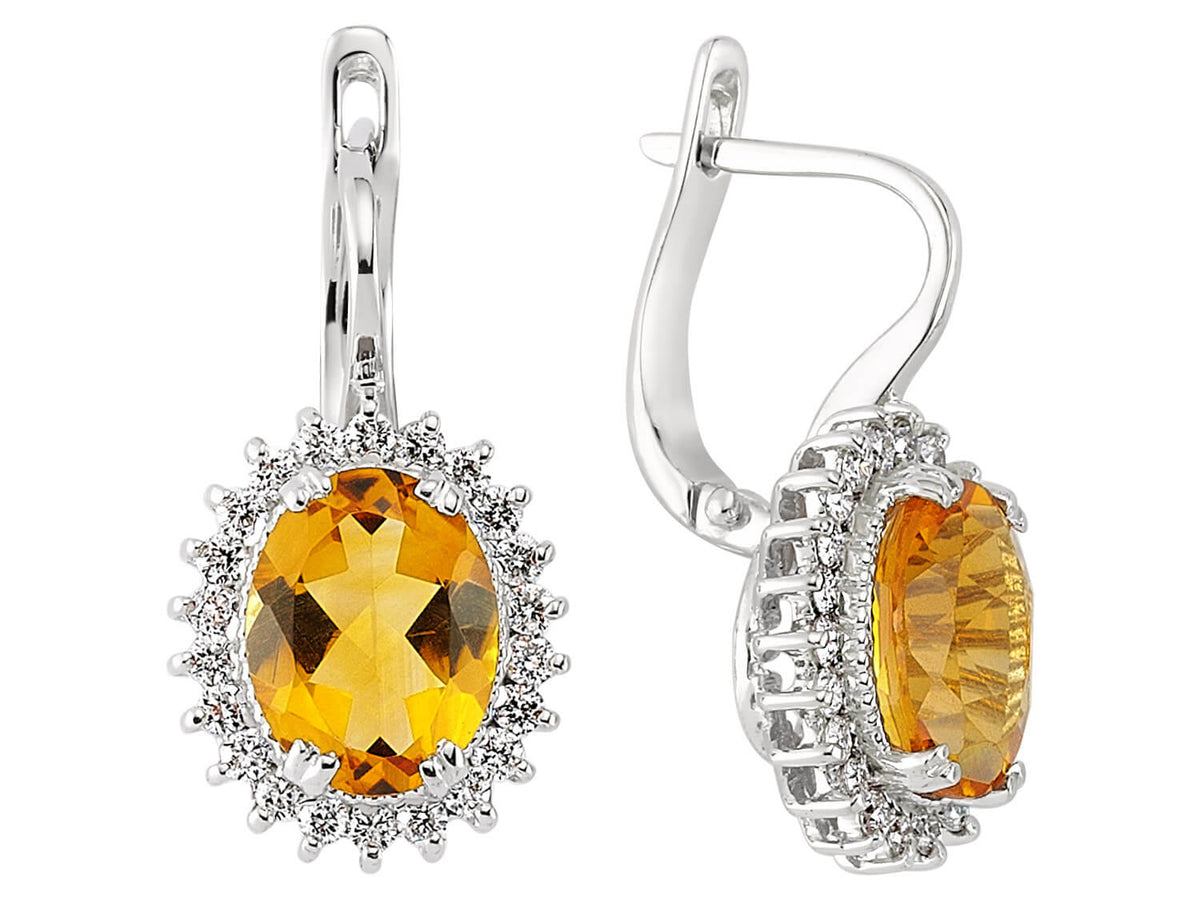 Boucles d’oreilles pendantes Anturaj avec citrines ovales et diamants de laboratoire en Or Blanc 14 carats – Bijoux haut de gamme de Rosy Lab Diamonds